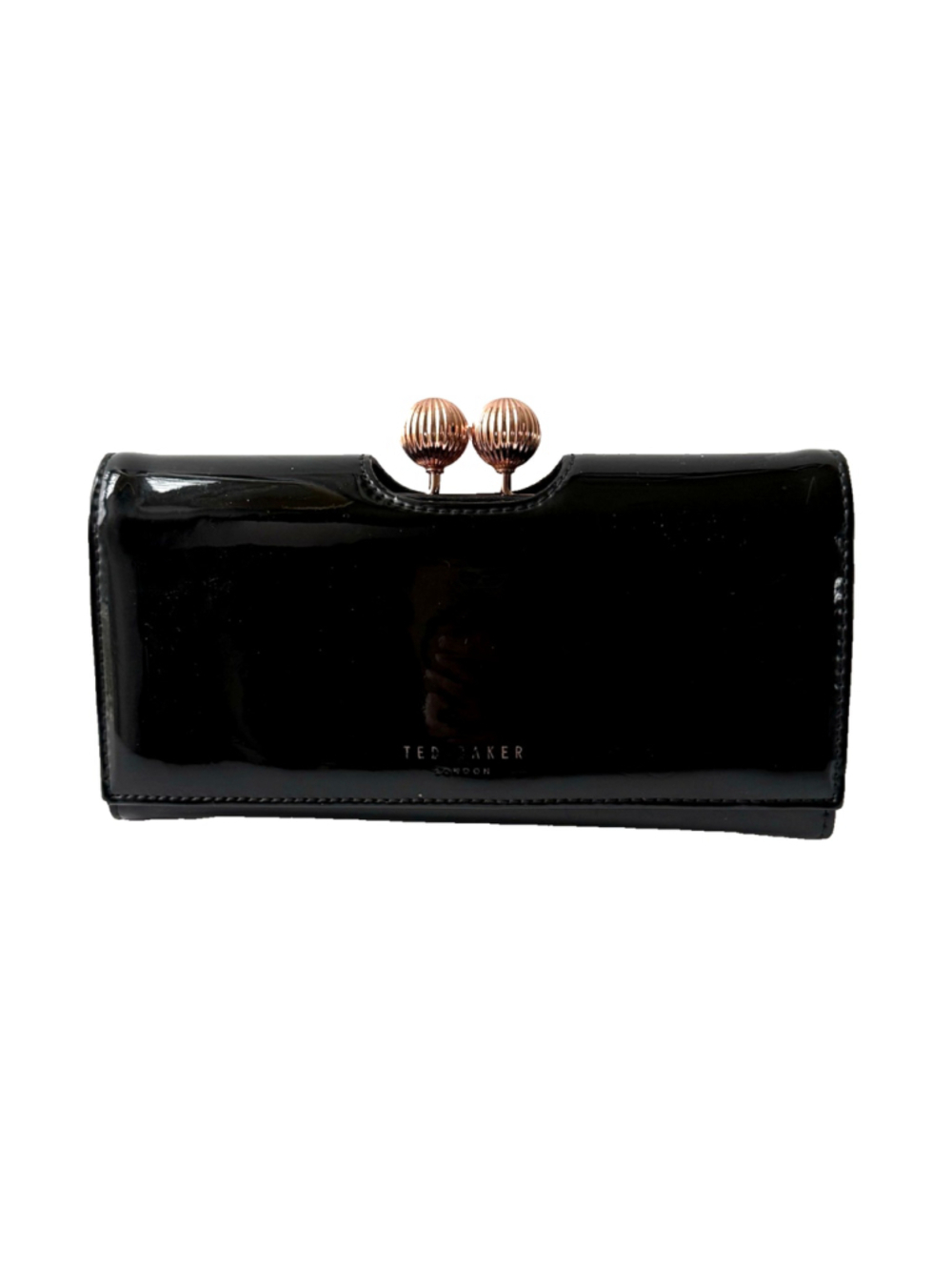 Ted Baker Woman’s Patent Leather Rose Gold Bobble Matinee Wallet /Purse - Black